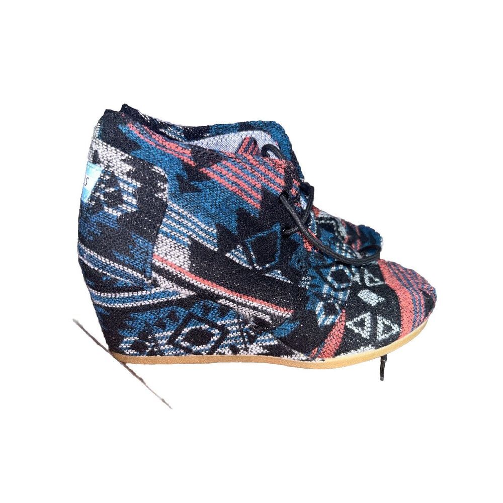 Toms Boots Womens Sz 7 Black Aztec Navajo Hidden Wedge Heel Lace Up Ankle Bootie - Picture 2 of 9
